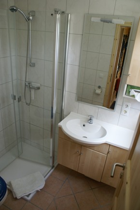 Das Bad mit Waschbecken, Dusche und WC